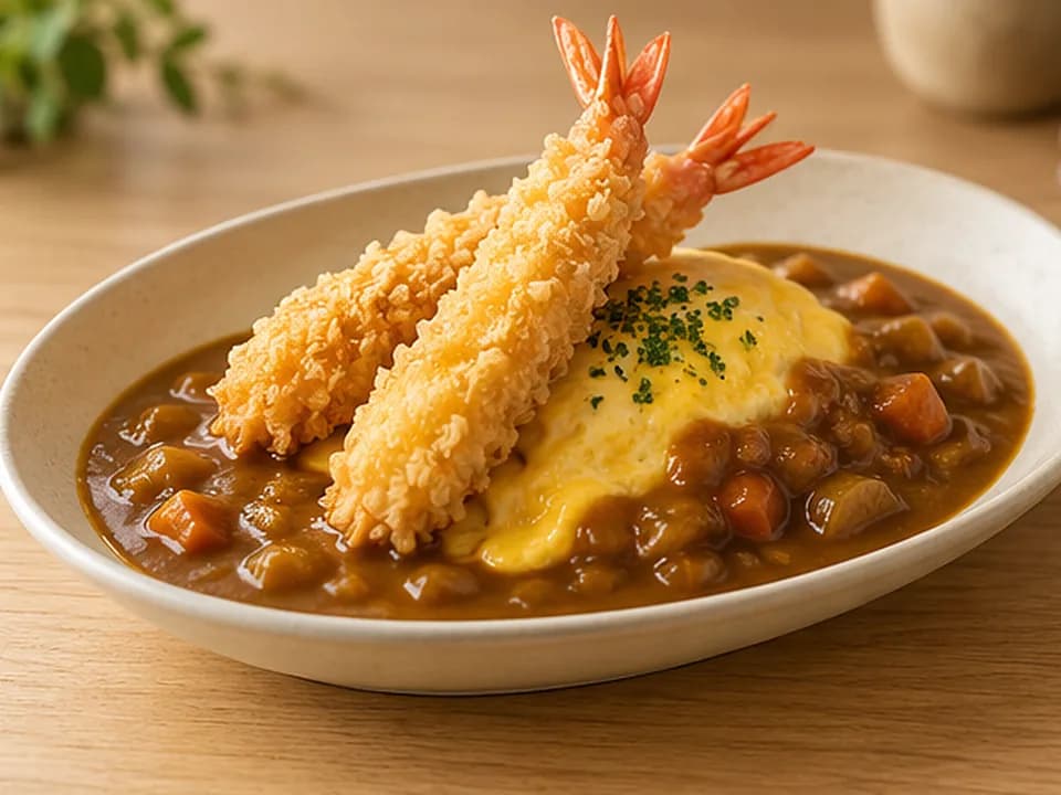 Omelette Tempura Prawns Curry Rice